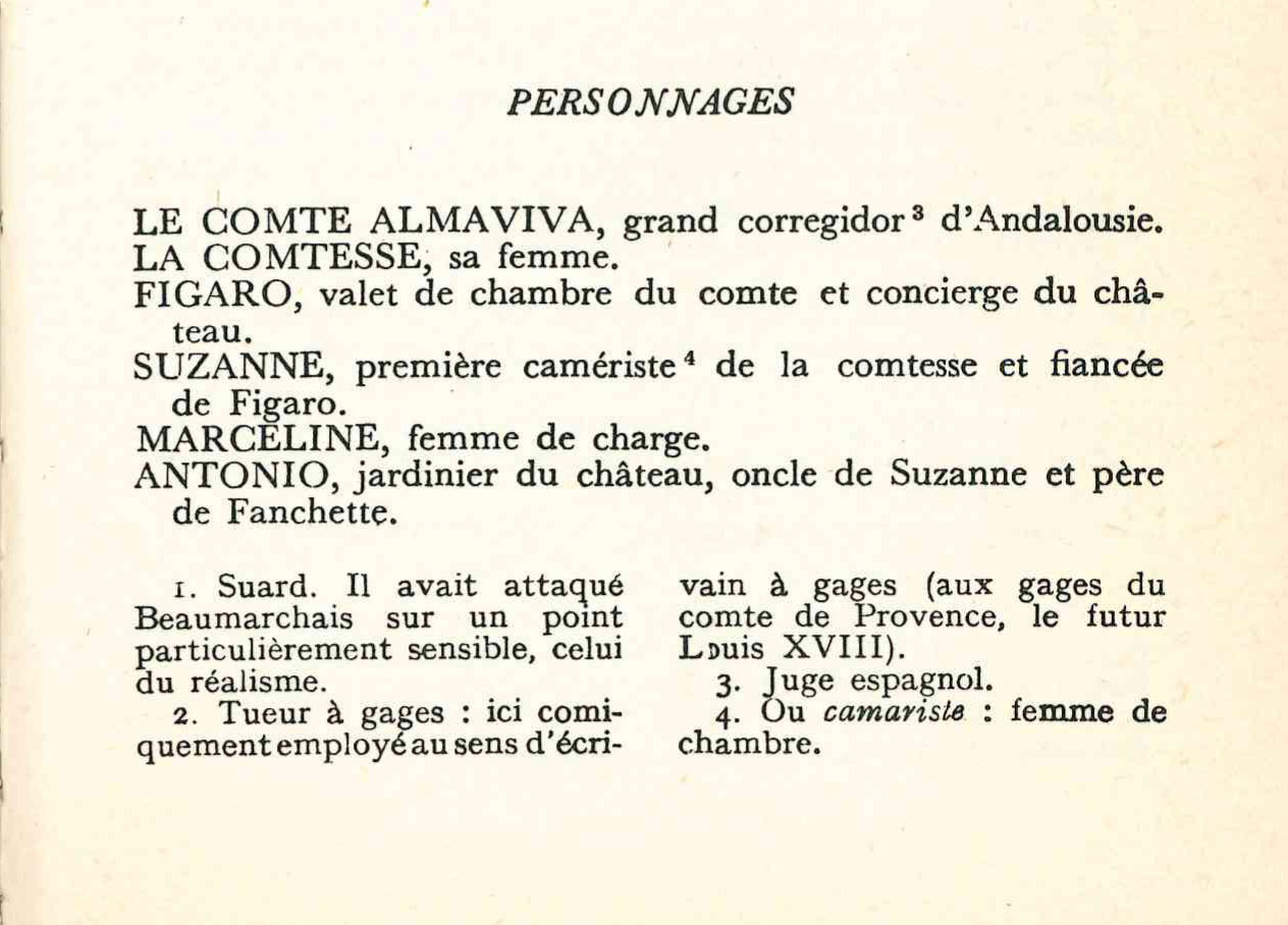 Beaumarchais, Charles: "La folle journée ou Le mariage de Figaro", Paris: Editions sociales 1977. Personnages Figaro I