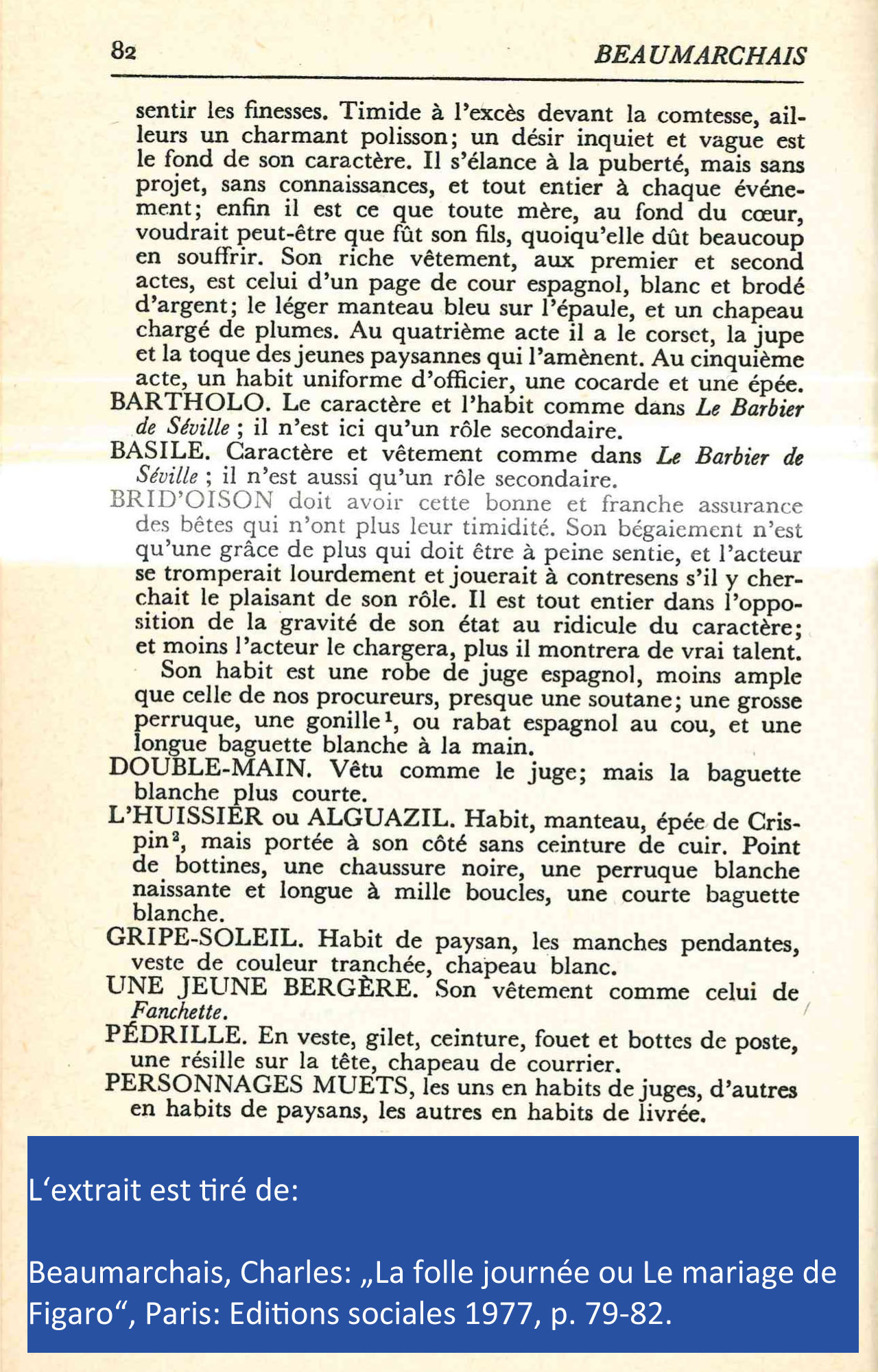 Beaumarchais, Charles: "La folle journée ou Le mariage de Figaro", Paris: Editions sociales 1977. Personnages Figaro III