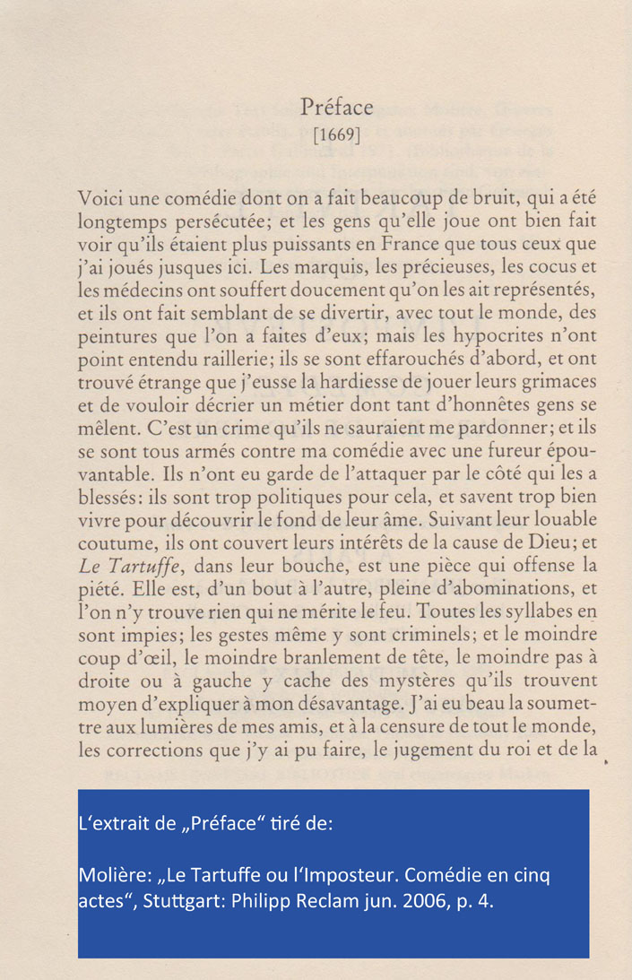 Molière: "Le Tartuffe ou l'Imposteur. Comédie en cinq actes", Stuttgart: Philipp Reclam jun. 2006 Tartuffe Préface