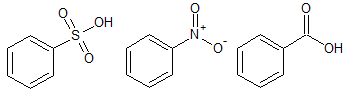 Benzolsulfonsäure, Nitrobenzol und Benzoesäure als Produkte einer elektrophilen Substitutionsreaktion am Benzolring (Elektorphile sind SO3, NO2+ oder einer Friedel-Crafts Acylierung des Benzyolchlorids.