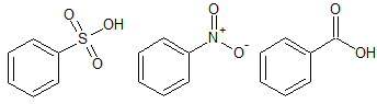 Benzolsulfonsäure, Nitrobenzol und Benzoesäure als Produkte einer elektrophilen Substitutionsreaktion am Benzolring (Elektorphile sind SO3, NO2+ oder einer Friedel-Crafts Acylierung des Benzyolchlorids. Benzolsulfonsäure, Nitrobenzol und Benzoesäure als Produkte einer elektrophilen Substitutionsreaktion am Benzolring (Elektorphile sind SO3, NO2+ oder einer Friedel-Crafts Acylierung des Benzyolchlorids.