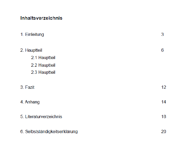 Muster eines Inhaltverzeichnisses