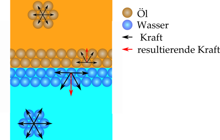 unterschiedlich starke KohÃƒÂ¤sionskrÃƒÂ¤fte bewirken eine GrenzflÃƒÂ¤chenspannung, die MolekÃƒÂ¼le ?wollen weg? von der GrenzflÃƒÂ¤che, wie die resultierende Kraft verdeutlicht