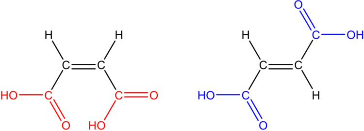 links: Maleinsäure = cis--Butendisäure, rechts: Fumarsäure = trans-Butendisäure