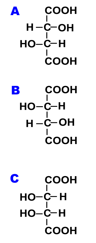 D-, L- und Mesoweinsäure. Die Mesoweinsäure ist optisch inaktiv, da die beiden chiralen C-Atome identische Liganden besitzen und damit strukturell gleichartig sind. In der Natur kommt die Mesoweinsäure nicht vor, am häufigsten ist natürlicherweise die L-Weinsäure. D-, L- und Mesoweinsäure