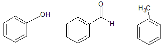 Von links nach rechts: Phenol, Benzaldehyd und Toluol. Alle sind Derivate des Benzols. Die Substituenten verändern aber die Eigenschaften dieser Aromaten. Phenol ist z.B. Ausgangsbasis der aromatischen Aminosäuren.