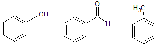 Von links nach rechts: Phenol, Benzaldehyd und Toluol. Alle sind Derivate des Benzols. Die Substituenten verändern aber die Eigenschaften dieser Aromaten. Phenol ist z.B. Ausgangsbasis der aromatischen Aminosäuren. Von links nach rechts: Phenol, Benzaldehyd und Toluol. Alle sind Derivate des Benzols. Die Substituenten verändern aber die Eigenschaften dieser Aromaten. Phenol ist z.B. Ausgangsbasis der aromatischen Aminosäuren.