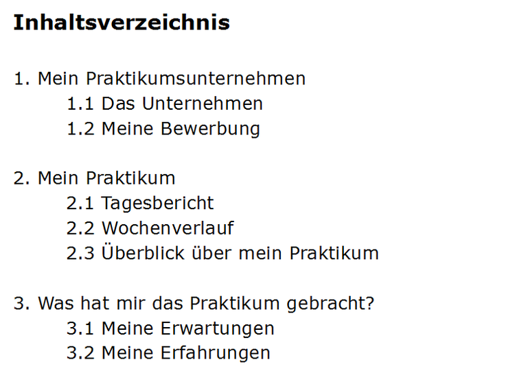 So könnte das Inhaltsverzeichnis deines Praktikumsberichts aussehen! Ein beispielhaftes Inhaltsverzeichnis eines Praktikumsberichts.