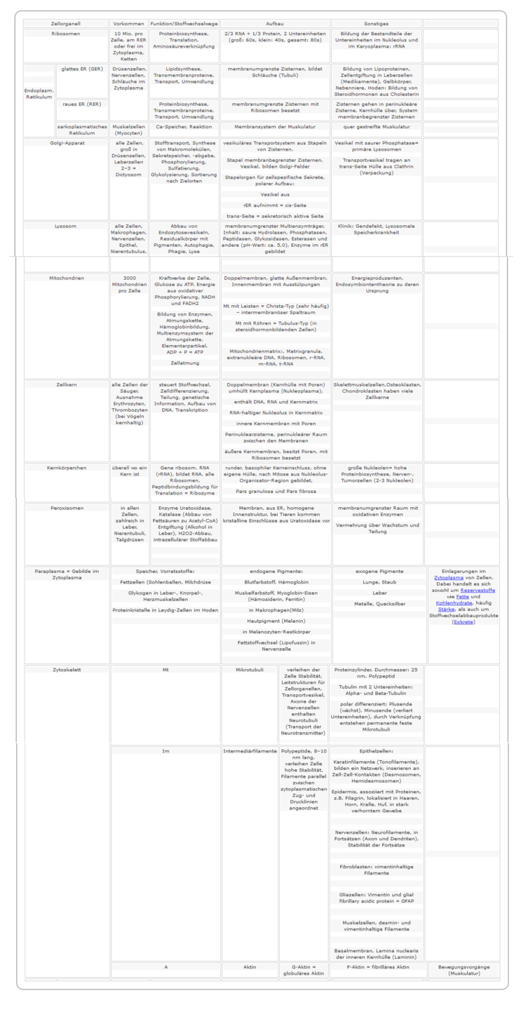 tabellarische Ãbersicht Zellorganelle