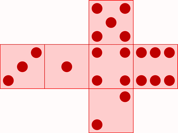 Ein aufgeklappter WÃƒÂ¼rfel mit sechs mÃƒÂ¶glichen Seiten